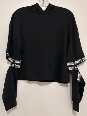Savage Taped Cut Out Cropped Hooded Top Black Streetwear Size Medium NWOT